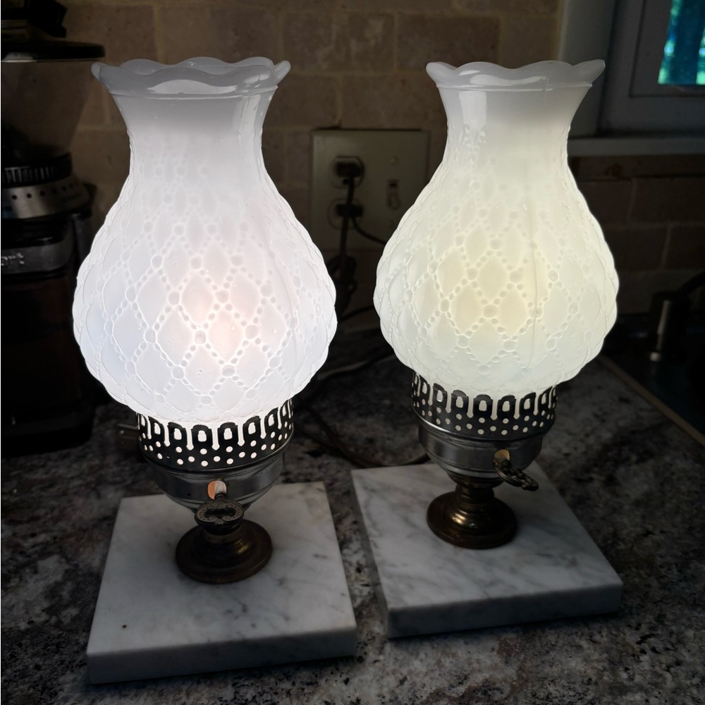 Pair of Vintage 1940's/50's White Milk Glass Table Lamps with Marble Bases